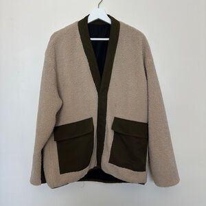Beige Sherpa Cardigan with Olive Trim and Pockets